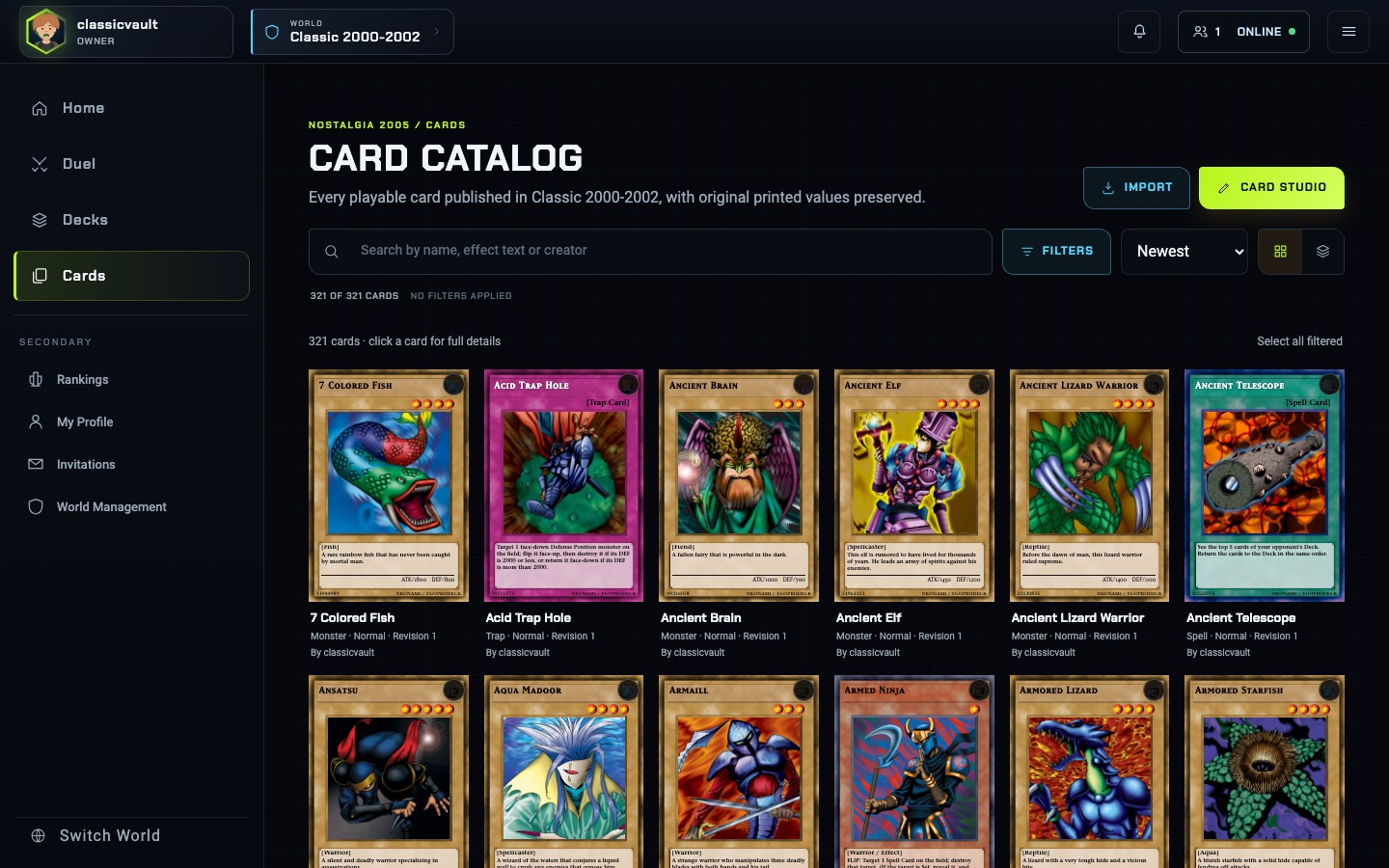 A World's card catalog in YGOWB showing a searchable grid of playable cards with filters and a Card Studio button.