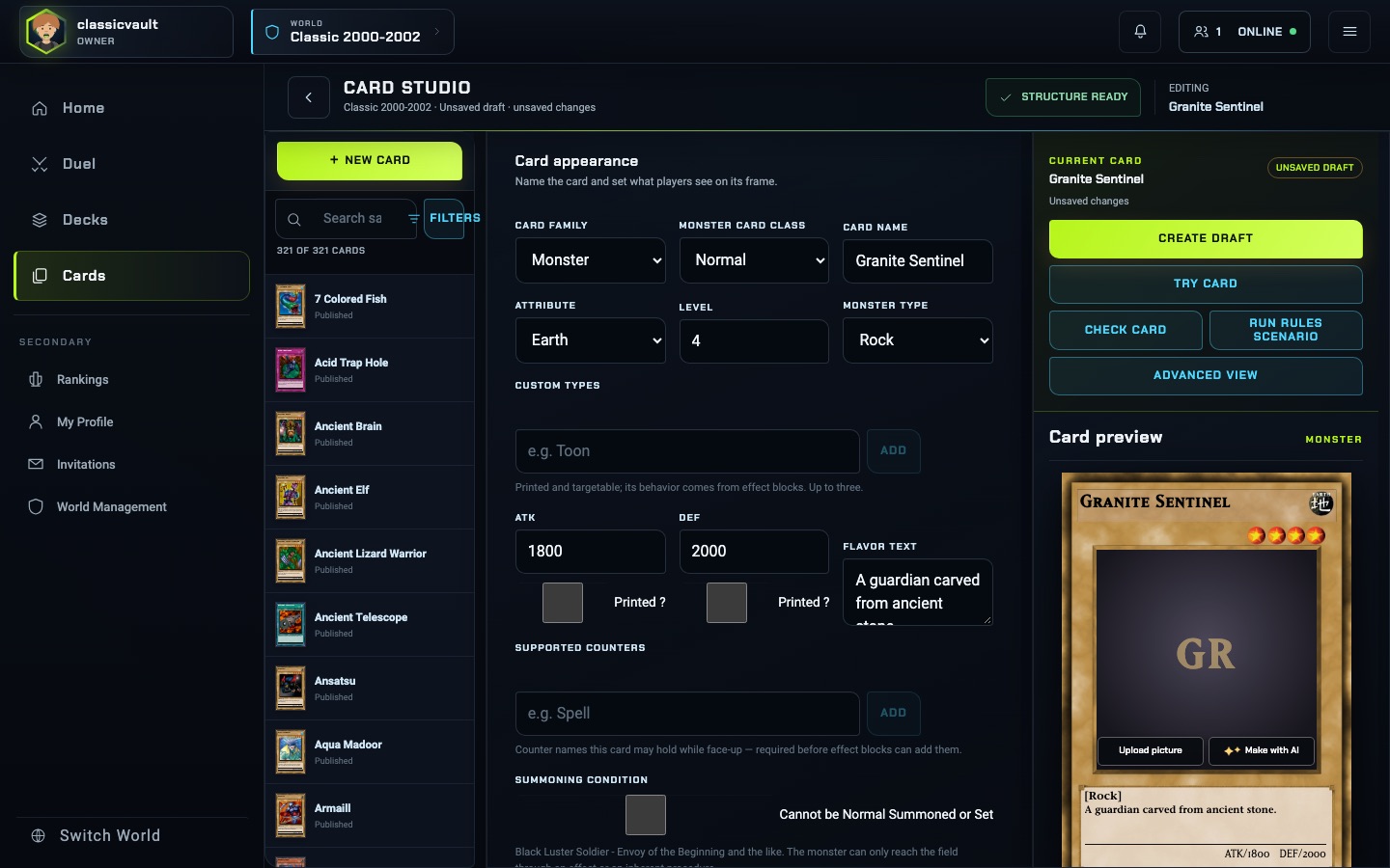 YGOWB Card Studio: a form with card family, attribute, level, type, ATK and DEF on the left, and a live preview of the custom monster card Granite Sentinel on the right.