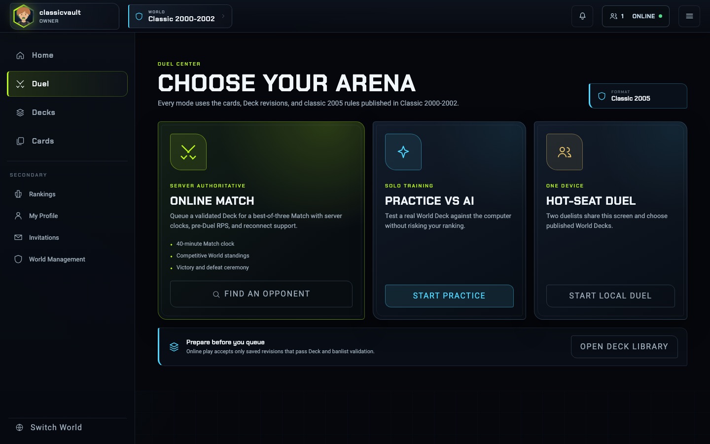 The YGOWB Duel Center with three modes: Online Match, Practice vs AI and Hot-Seat Duel.