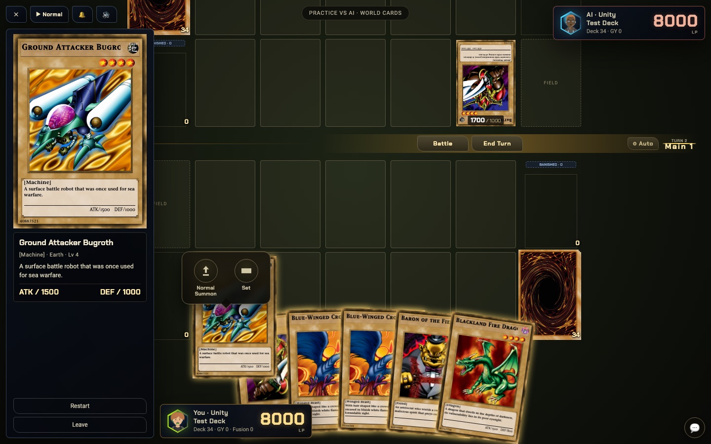 A YGOWB duel in progress: the player's hand fanned at the bottom, a Normal Summon and Set menu above the selected card, the opponent's monster on the field, and both players at 8000 Life Points.