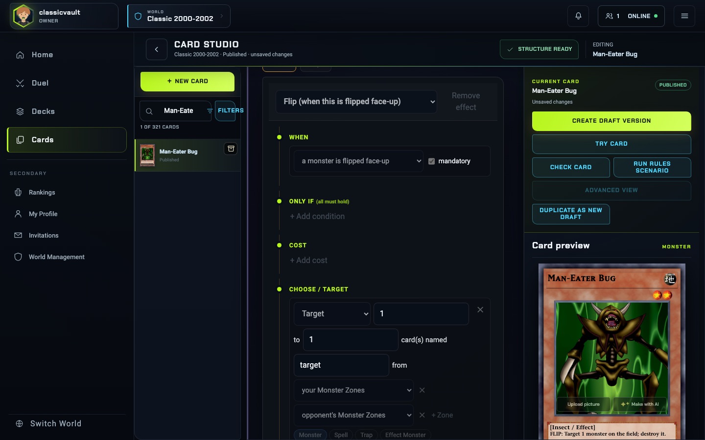 The effect block editor showing a Flip effect with When, Only if, Cost and Choose or Target sections, next to the card preview.